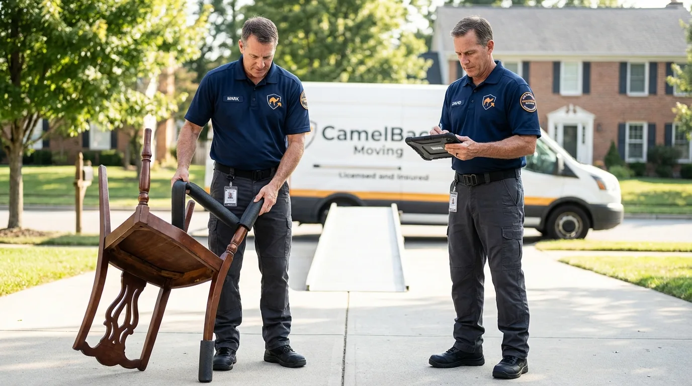 Movers inspecting furniture for damage prevention before loading in Maitland, FL